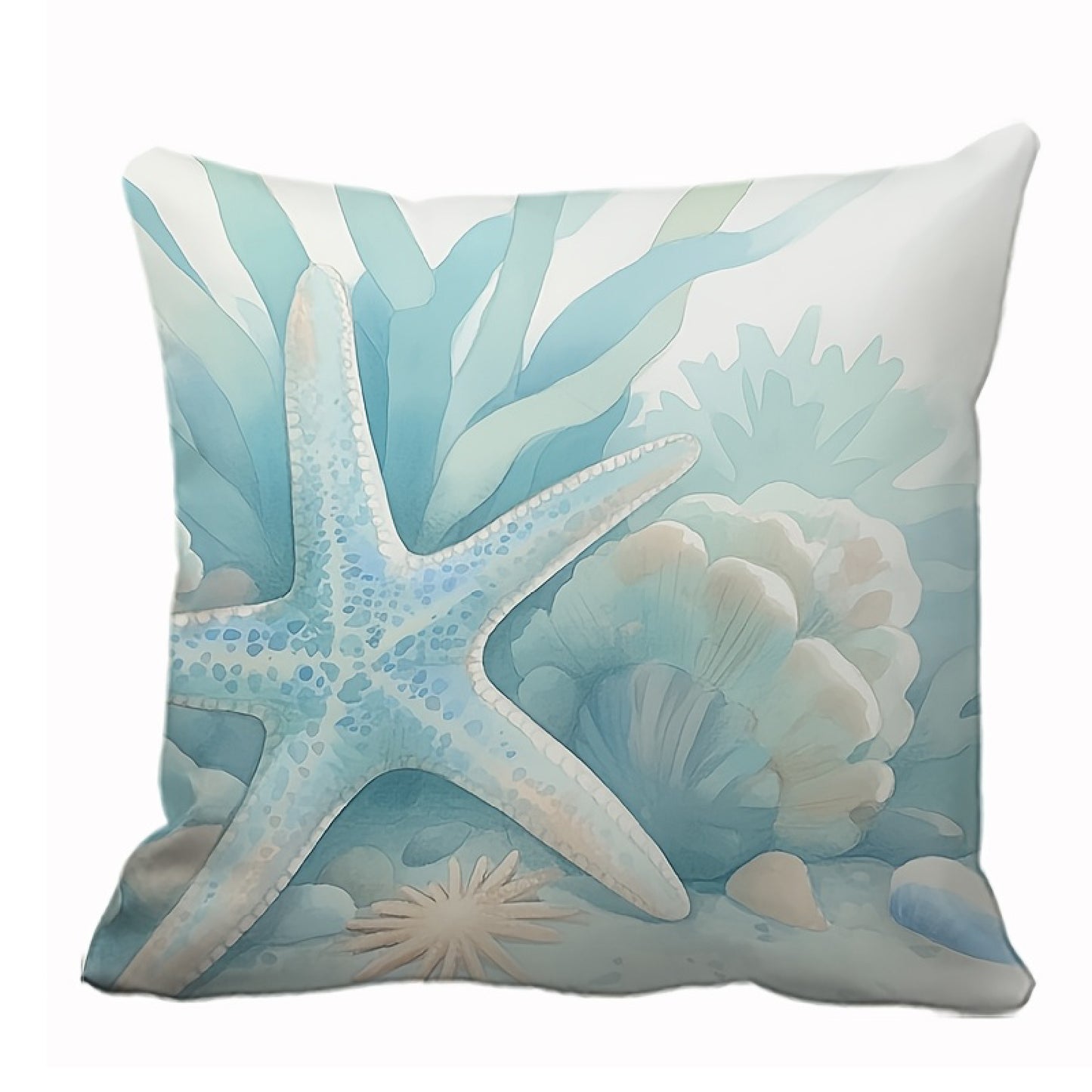Coastal pillow cover featuring a large illustrated starfish with surrounding coral and sea plants in blue and teal tones.