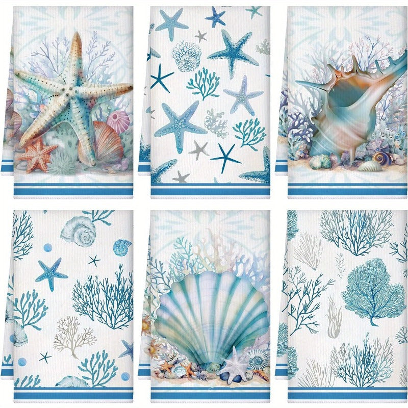 Soft Blue Starfish, Coral, and Shell Hand Towels for Coastal Kitchen Décor, 18x26"