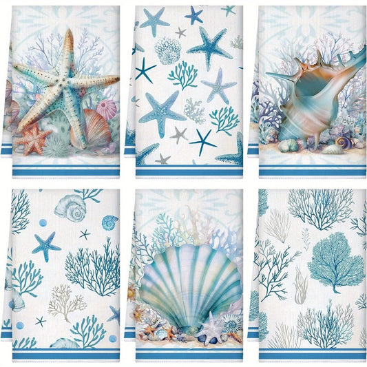 Soft Blue Starfish, Coral, and Shell Hand Towels for Coastal Kitchen Décor, 18x26"