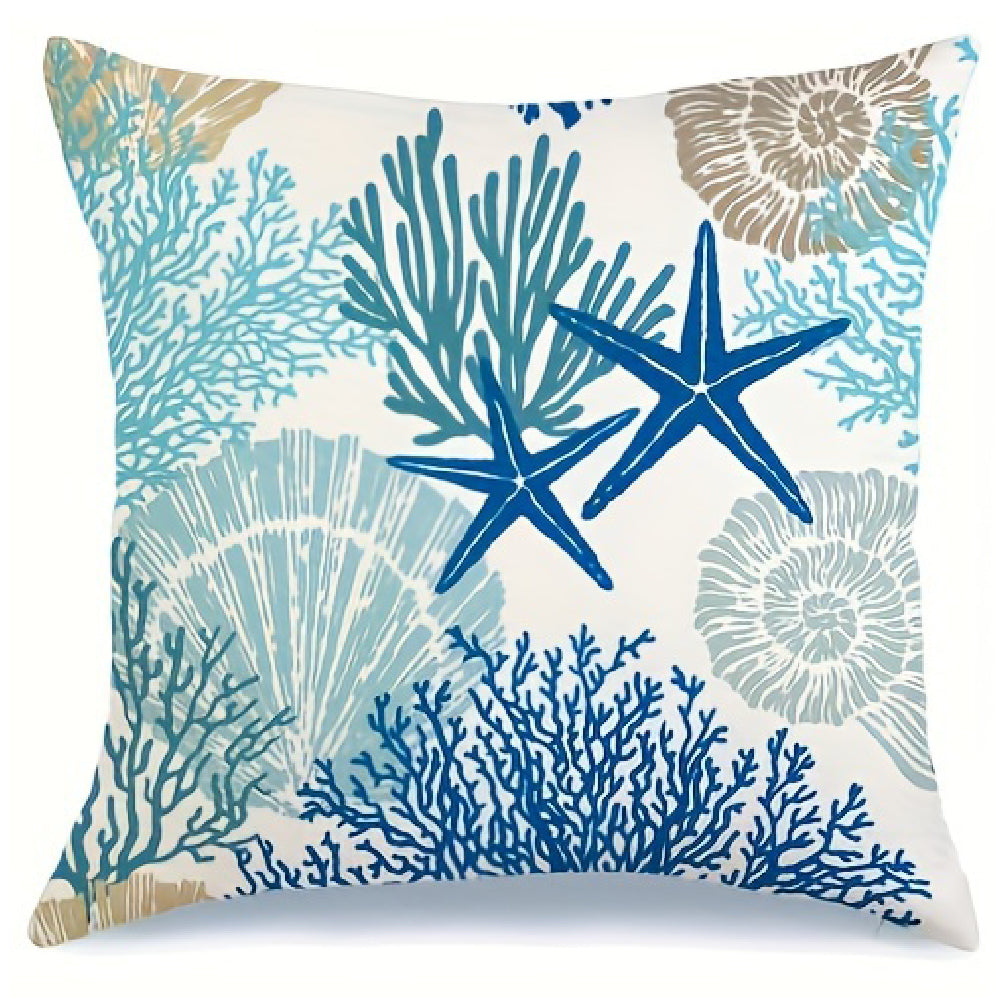 Coastal pillow cover featuring blue starfish and coral illustrations on a beige and white background with ocean-inspired patterns.
