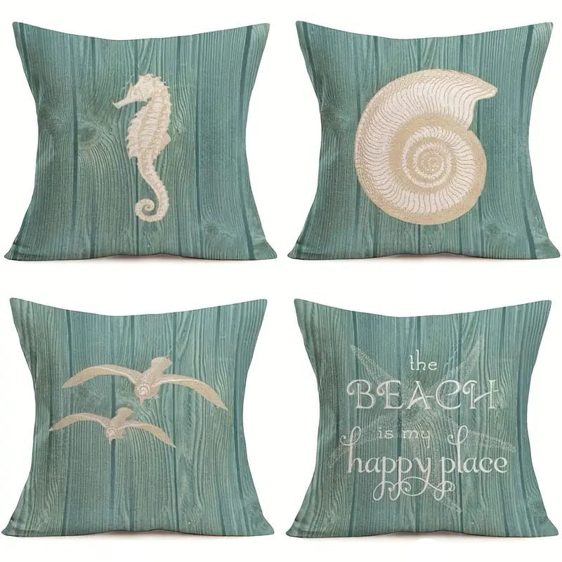 Set of four pillow covers featuring a seahorse, shell, birds, and a beach quote on a teal wood grain-style background.