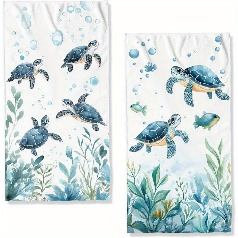 Refined 2-Piece Watercolor Turtle Hand Towels for Green and Blue Coastal Décor, 18x26"