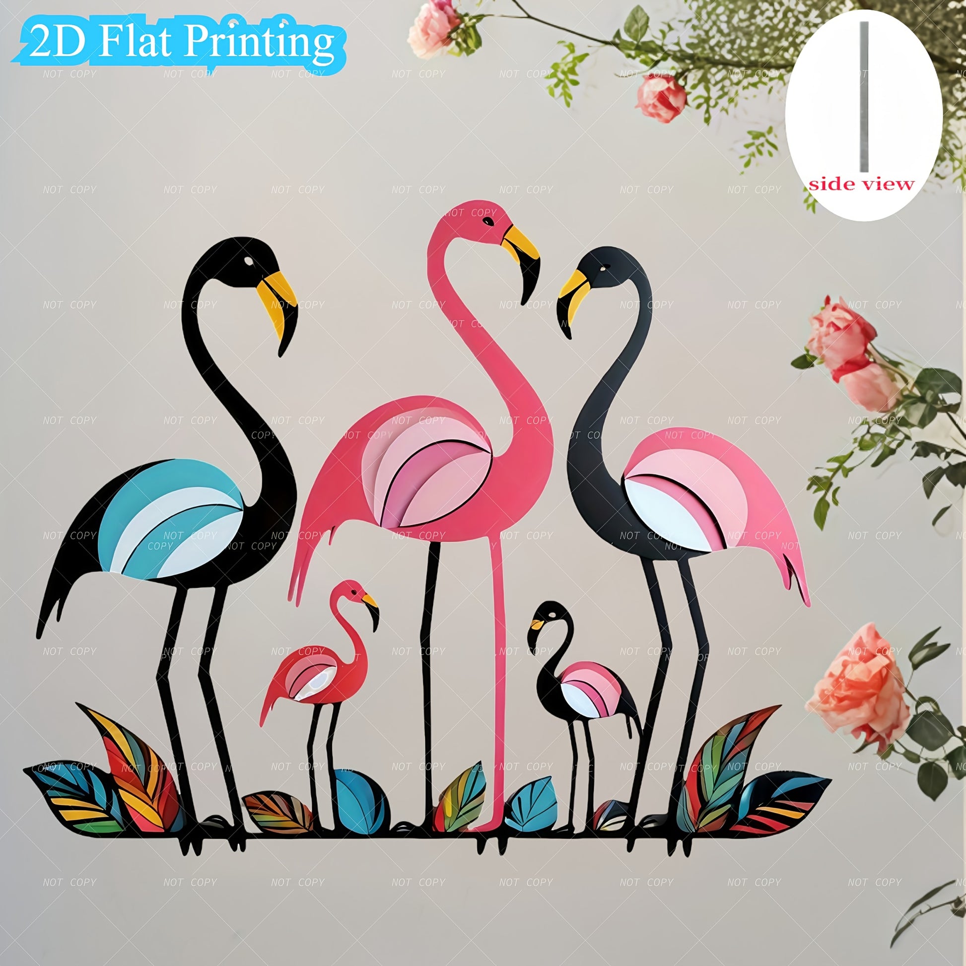 A colorful 2D metal wall decoration featuring a group of five tropical flamingos and vibrant leaves. - Coastal Pillows Plus