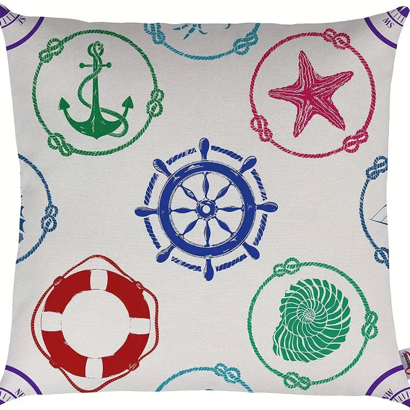 18"x18" single-sided linen pillow cover featuring ship wheel, anchor, starfish, life preserver, and shell icons in a multicolor nautical pattern.