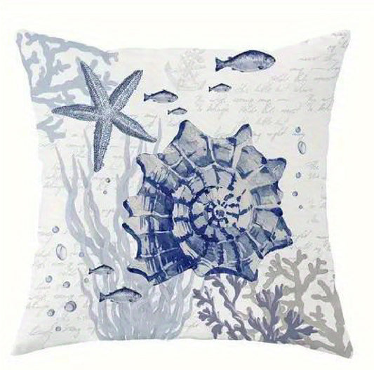 Ocean Marine Life Velvet Pillow Cover — Starfish & Spiral Shell, 18"x18"