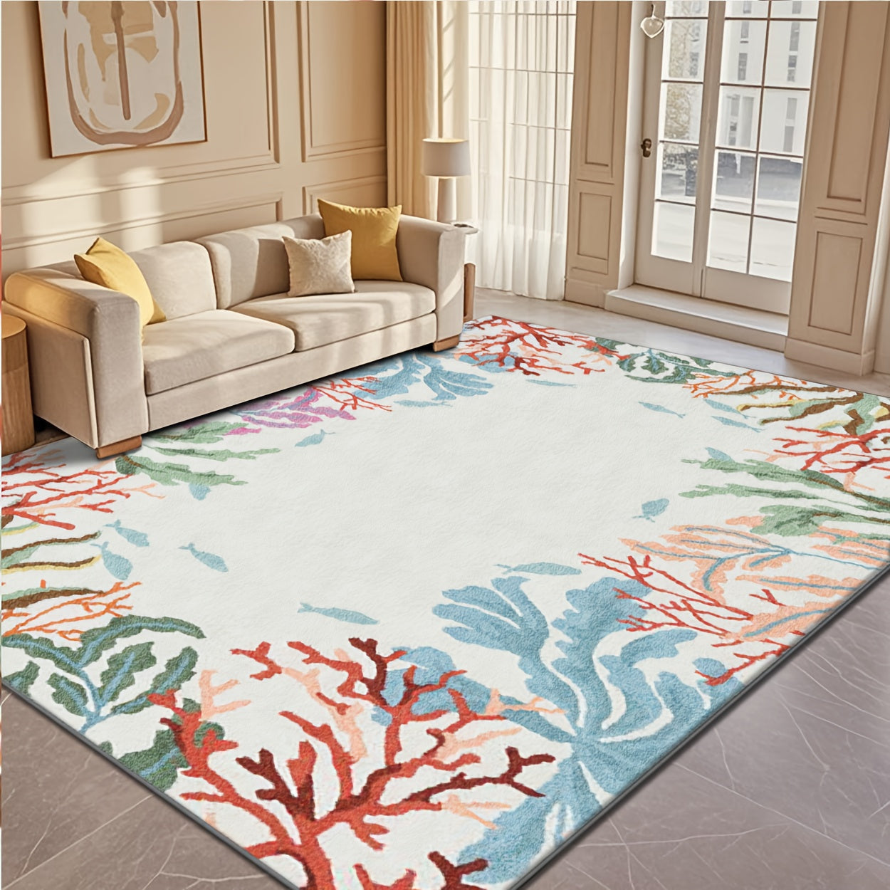 Coastal area rug featuring a colorful coral reef pattern in red, blue, green, and neutral ocean tones.