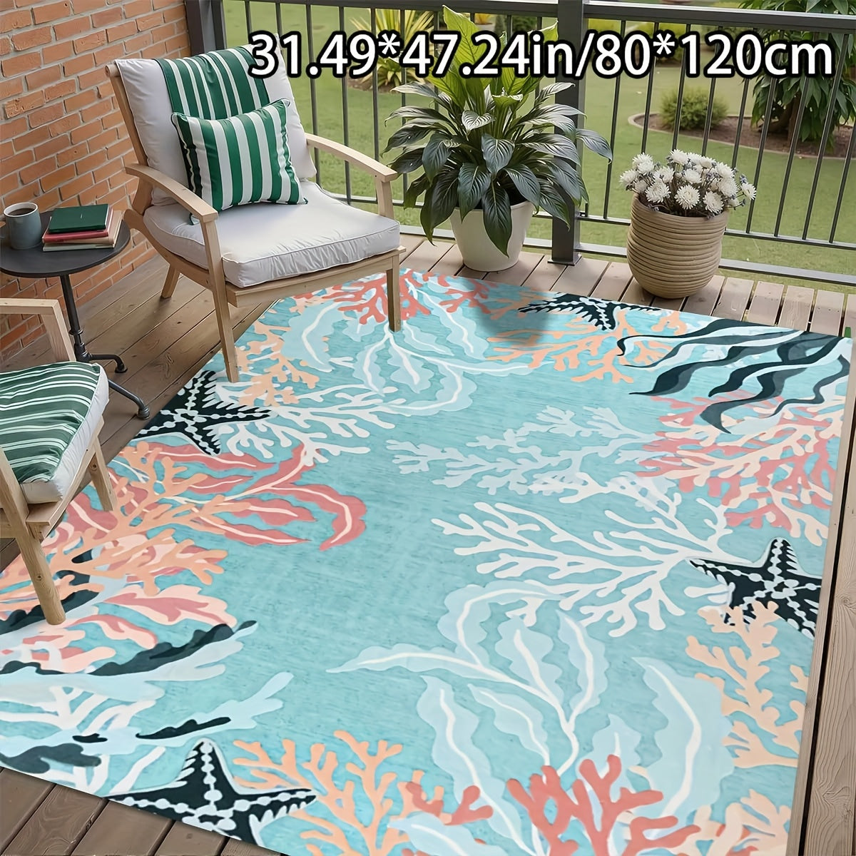 Coastal floor mat featuring coral reef patterns, starfish details, and ocean wave accents in aqua blue and coral tones.