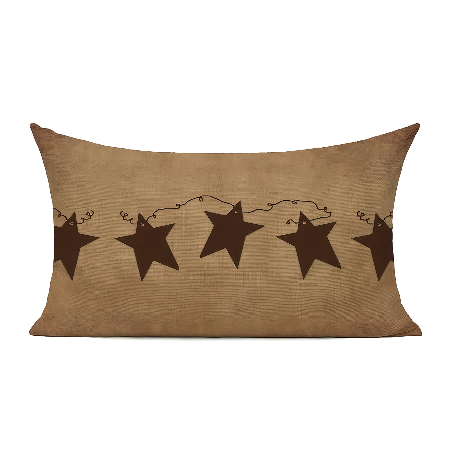 Rectangular 12"x20" pillow cover featuring five brown star silhouettes connected by a vine detail across a textured warm neutral background.