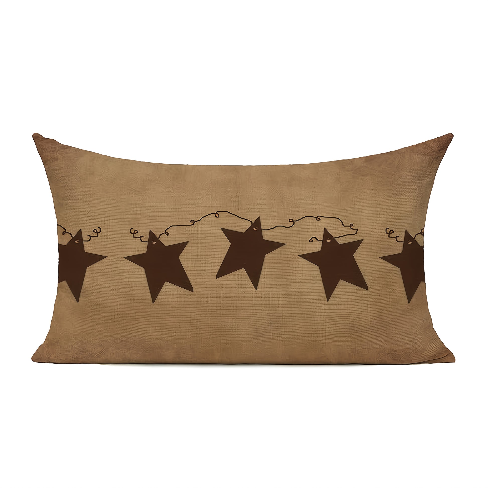 Rectangular 12"x20" pillow cover featuring five brown star silhouettes connected by a vine detail across a textured warm neutral background.