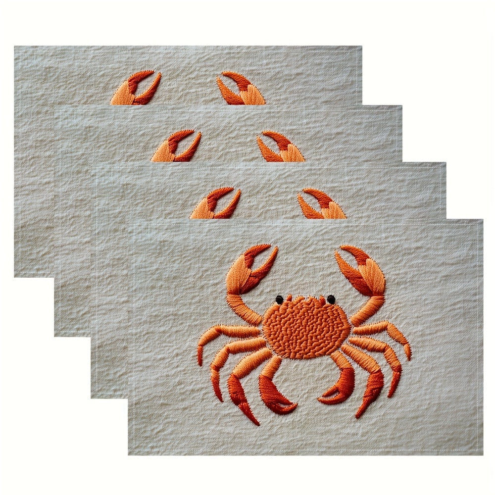 Coastal crab placemats set of four with minimalist orange crab design on neutral placemats.