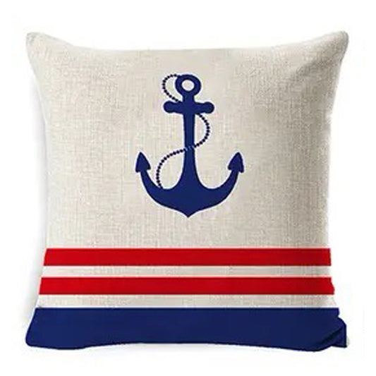 Linen pillow cover featuring a centered anchor framed by narrow vertical stripes on a cream nautical-themed background.