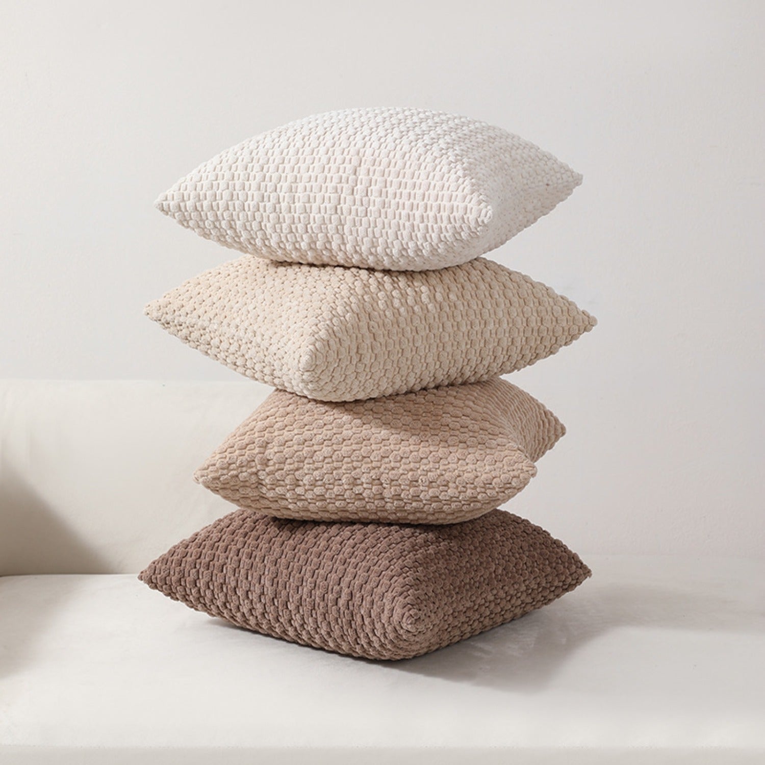 Artisanal 18x18 inch pillow covers in cream, mocha, camel, and beige featuring plush corduroy and chunky knit textures for coastal décor – Coastal Pillows Plus.