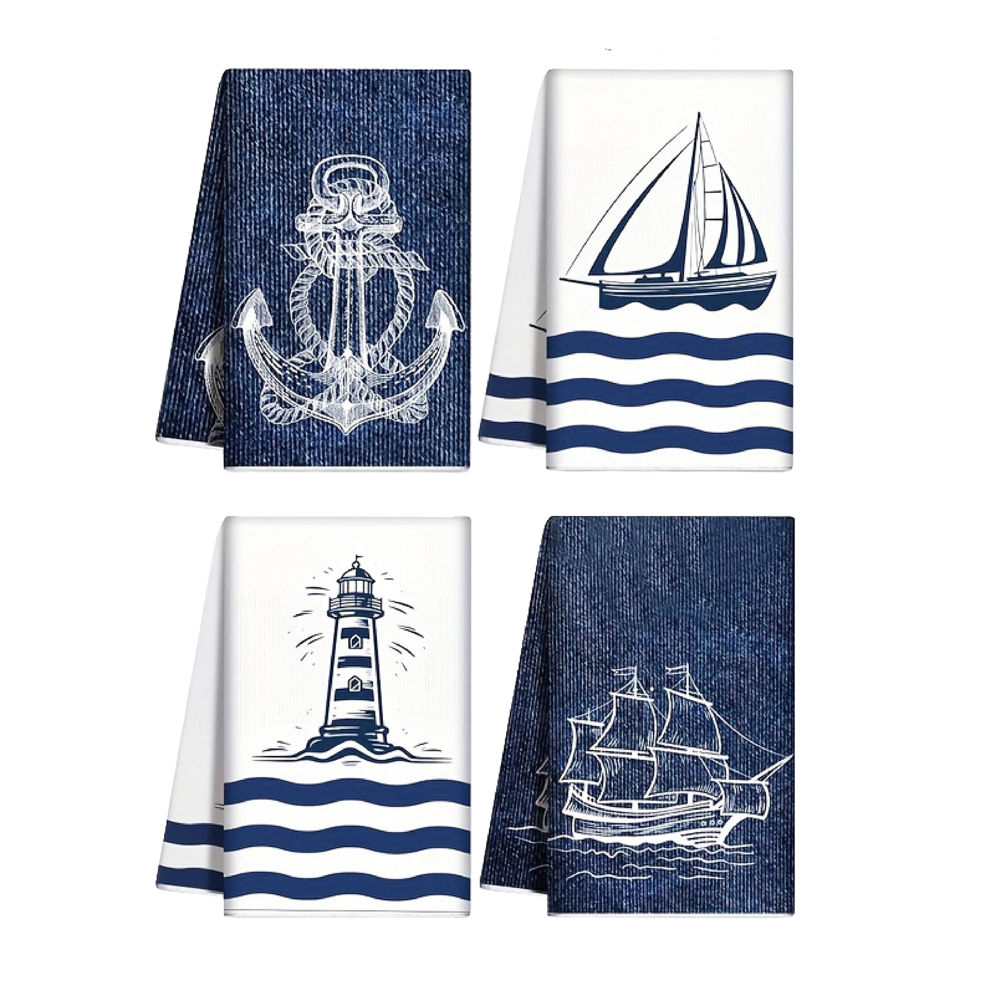 A collection of four nautical blue and white hand towels featuring anchor, sailboat, lighthouse, and clipper ship designs - Coastal Pillows Plus