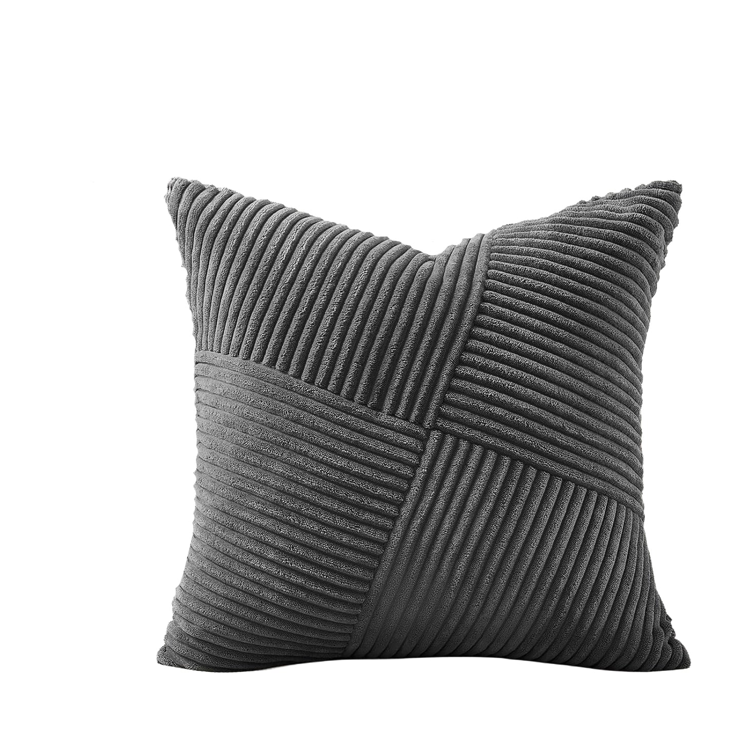 Soft 18x18 inch corduroy pillow cover with light and dark gray windmill striped splicing, styled on a sofa for bohemian décor – Coastal Pillows Plus.