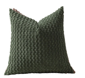 Grounded 18x18 inch cotton pillow covers in sage green, olive, beige, and white with plush corduroy and chunky knit textures for coastal décor – Coastal Pillows Plus.