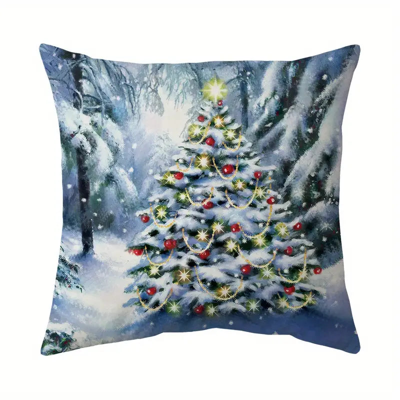 Winter pillow cover with decorated Christmas tree in snowy forest with lights and ornaments