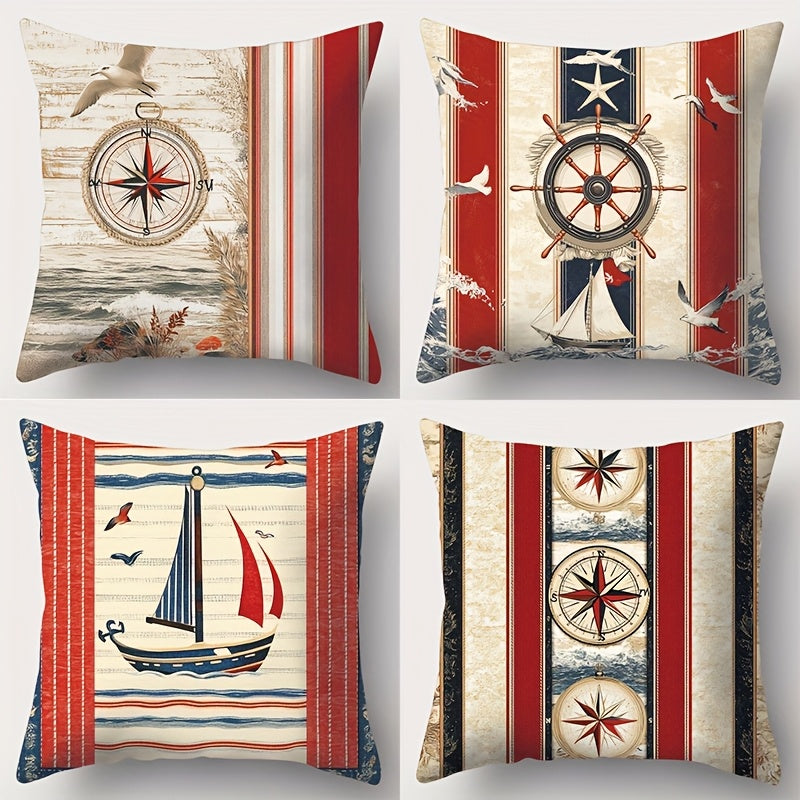 Detailed Compass and Sailing Striped Pillow Covers for Nautical Home Décor - 18x18" - Coastal Pillows Plus