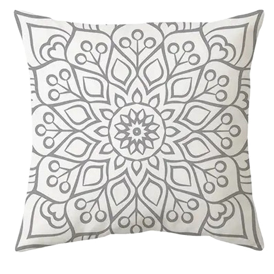Detailed 18x18 inch pillow cover featuring a large, intricate grey floral mandala design centered on a white background for serene décor – Coastal Pillows Plus.