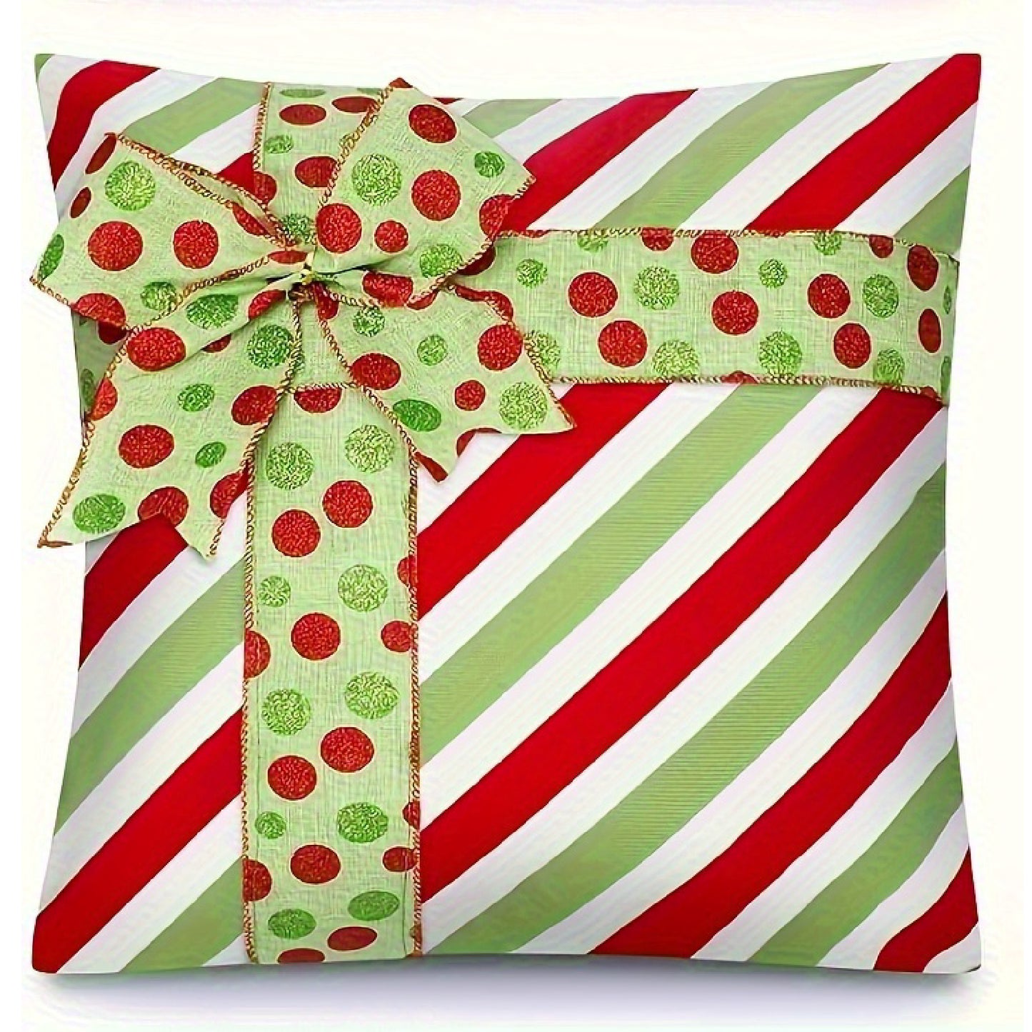 Red and green diagonal striped pillow cover with a ribbon bow