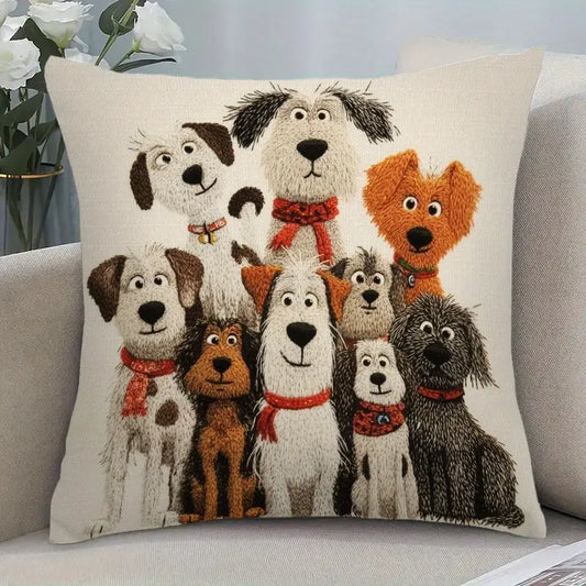 Adorable Dog Family Decorative Pillowcase – Multicolored Canine Design, 18"x18"