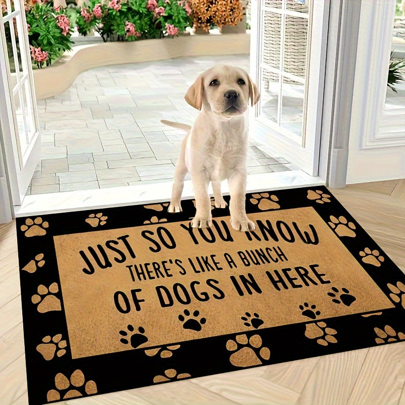 Dog quote entryway mat reading “Just So You Know There Is No Need to Bark After You’ve Been Fed” in black text on a natural background.