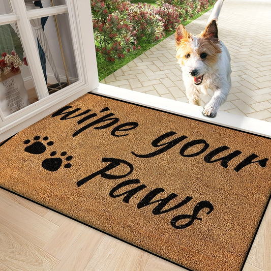 Dog quote entryway mat reading “Wipe Your Paws” in black lettering on a natural background, designed for pet-friendly homes and front doors.