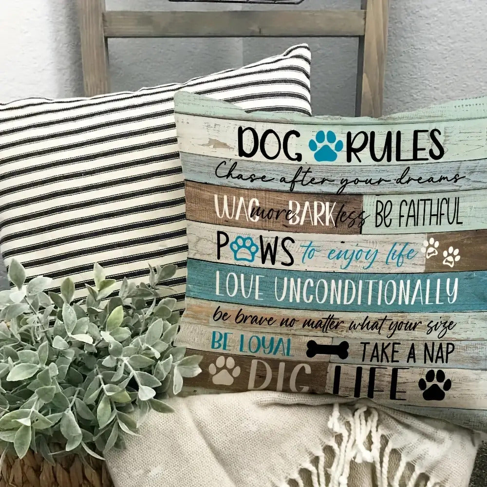 Whimsical 20x20 inch pillow cover with "Dog Rules" text on a rustic wood-grain background - Coastal Pillows Plus