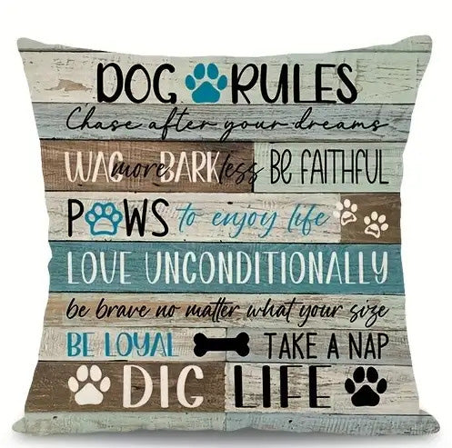 Whimsical 20x20 inch pillow cover with "Dog Rules" text on a rustic wood-grain background - Coastal Pillows Plus