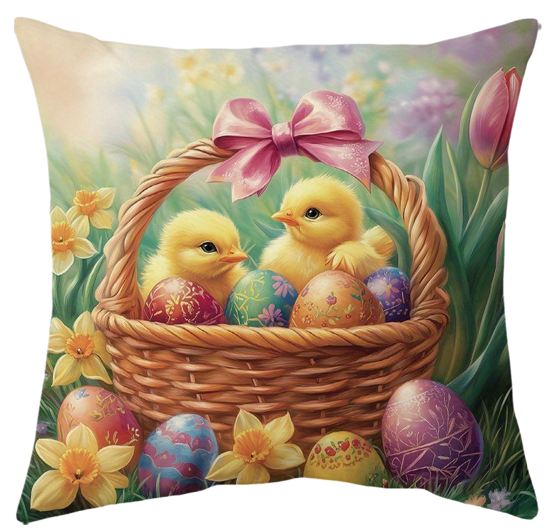 Soft 14x14 inch fleece pillow cover with watercolor-style Easter rabbits, chicks, and floral patterns, styled on a sofa for spring and holiday décor – Coastal Pillows Plus