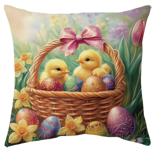 Soft 14x14 inch fleece pillow cover with watercolor-style Easter rabbits, chicks, and floral patterns, styled on a sofa for spring and holiday décor – Coastal Pillows Plus