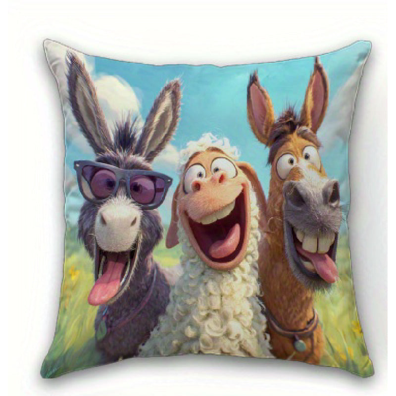 Square pillow cover with a donkey in sunglasses, sheep centered, and horse behind against a bright blue sky.