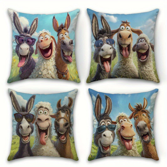 Set of four pillow covers featuring a donkey in sunglasses, a sheep, and a horse posed together against a bright blue sky.
