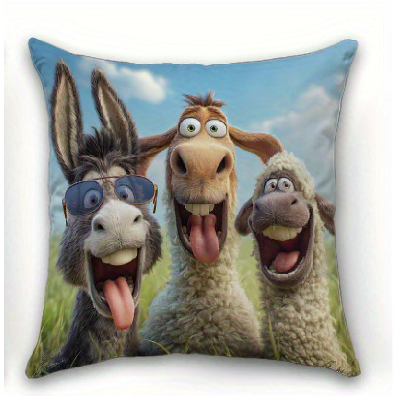 Square pillow cover with a donkey in sunglasses making an open-mouth expression beside a sheep and horse under a blue sky.
