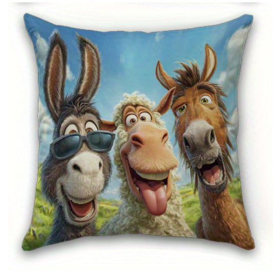 Square pillow cover with a donkey in sunglasses, sheep, and horse smiling together against a bright blue sky.