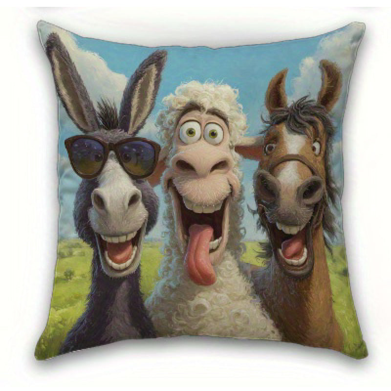 Square pillow cover with a donkey in sunglasses, wide-eyed sheep centered, and horse leaning in against a blue sky.
