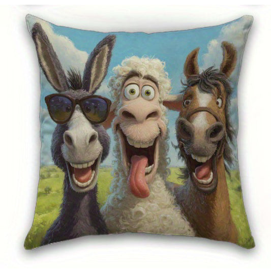Square pillow cover with a donkey in sunglasses, wide-eyed sheep centered, and horse leaning in against a blue sky.