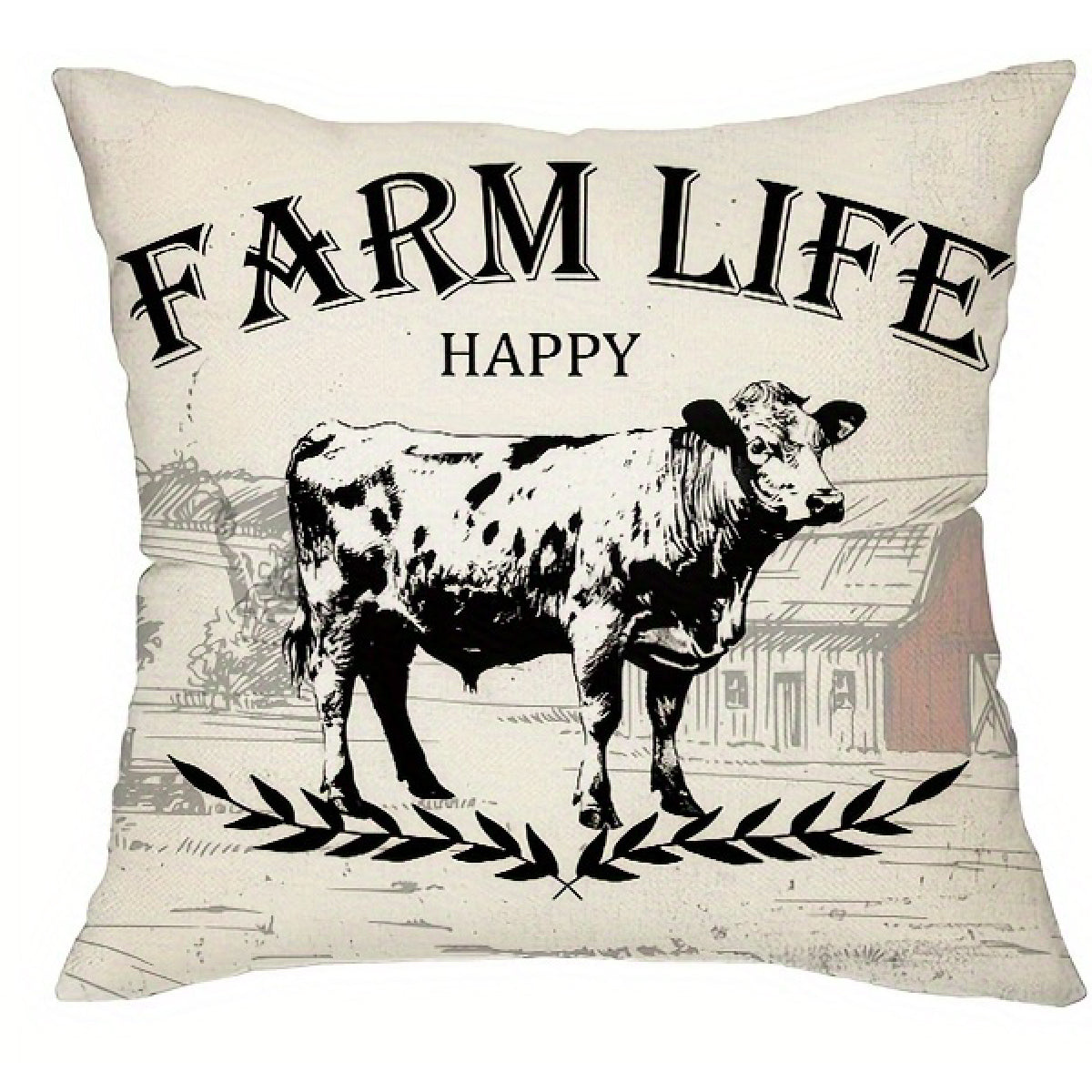 Vintage Farmhouse Pillow Cover – Farm Life Happy Cow, 18"x18"