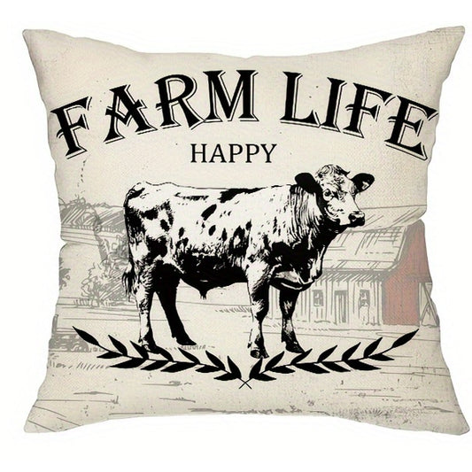 Vintage Farmhouse Pillow Cover – Farm Life Happy Cow, 18"x18"