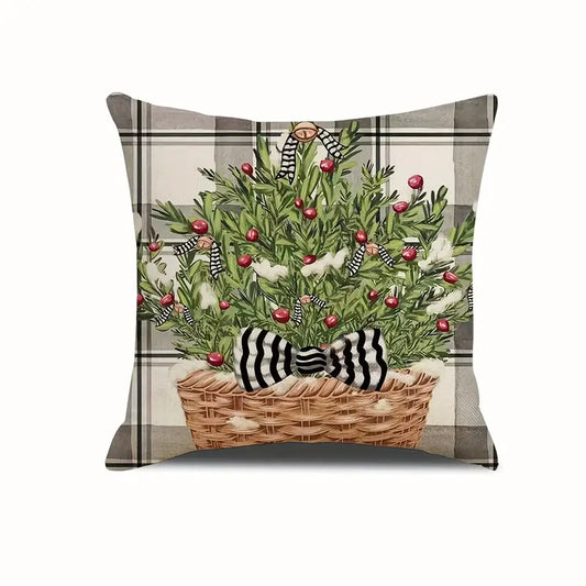 Farmhouse Christmas pillow covers featuring greenery basket and vintage bells on plaid backgrounds.