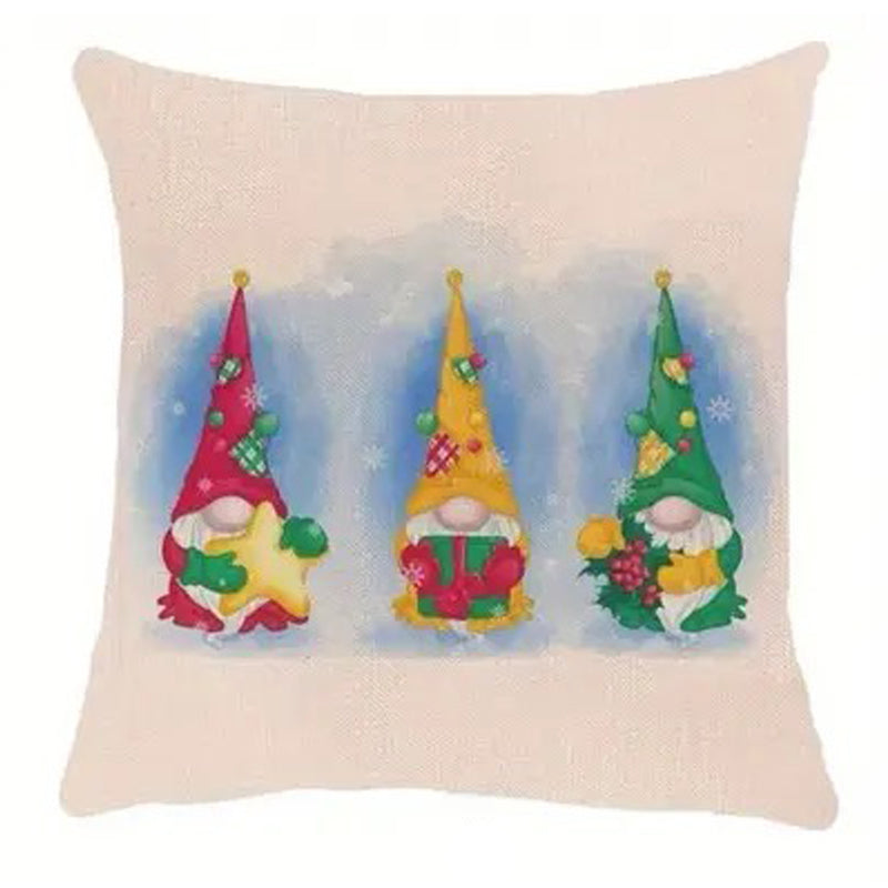 Farmhouse Christmas pillow cover featuring three colorful holiday gnomes on a light background.