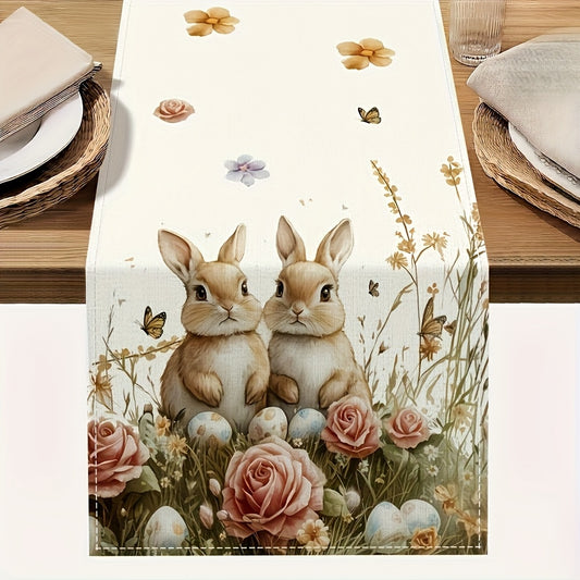 Festive 13x72 / 13x108 inch Easter table runner with bunnies, decorated eggs, and pink roses styled on a dining table for spring holiday décor – Coastal Pillows Plus
