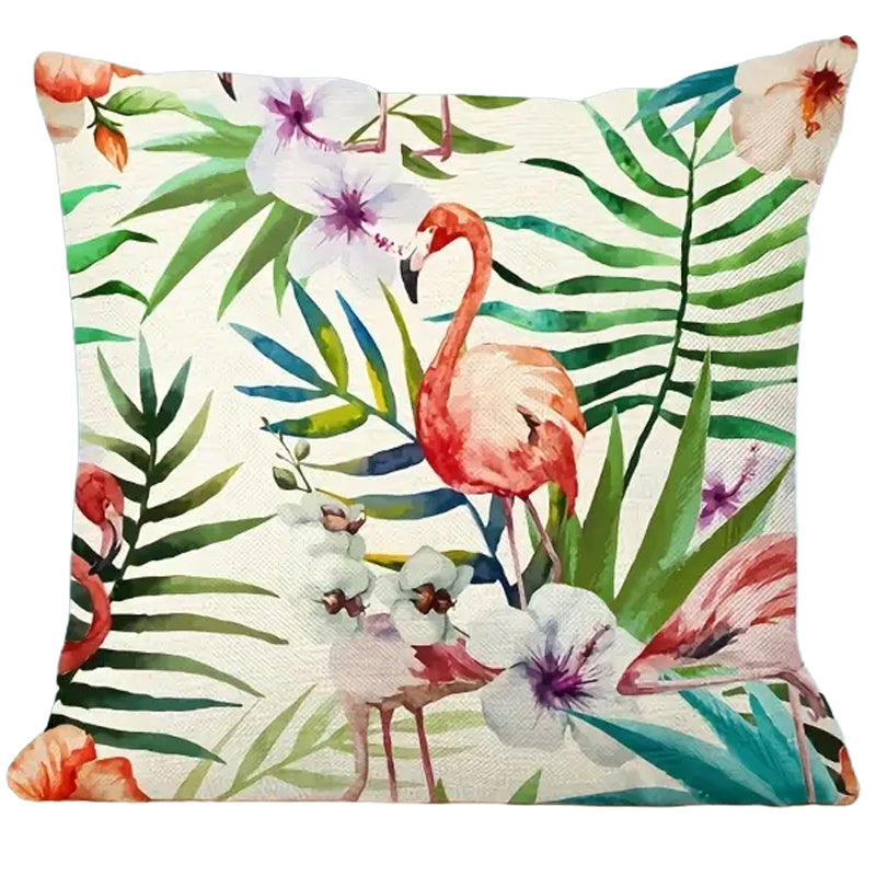 Linen pillow cover featuring a pink flamingo with tropical palm leaves and floral accents, 18x18, insert not included.