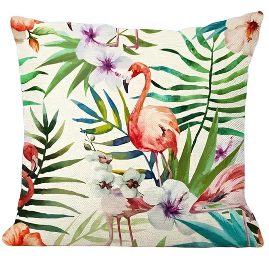 Linen pillow cover featuring a pink flamingo with tropical palm leaves and floral accents, 18x18, insert not included.