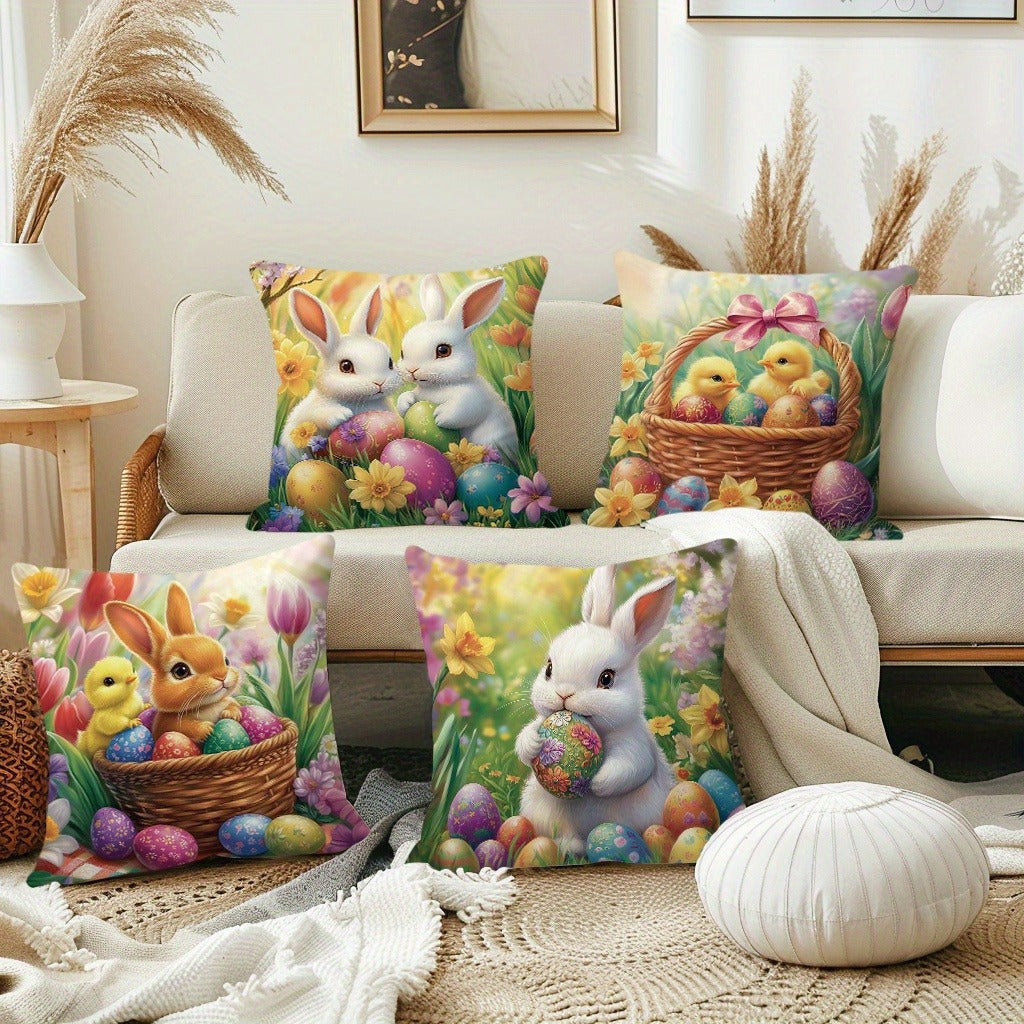Soft 14x14 inch fleece pillow cover with watercolor-style Easter rabbits, chicks, and floral patterns, styled on a sofa for spring and holiday décor – Coastal Pillows Plus