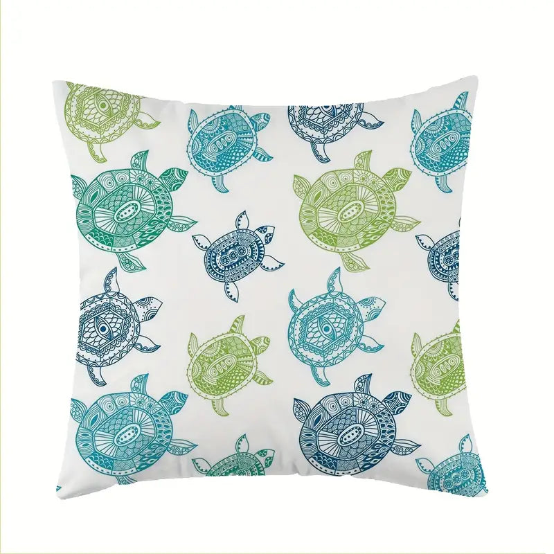 18"x18" pillow cover featuring a repeating pattern of blue and green geometric sea turtles on a white background.