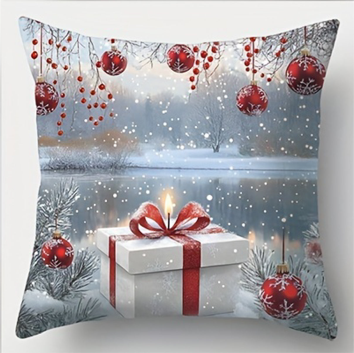 Pillow cover with a wrapped gift and candle in a snowy winter landscape with hanging ornaments