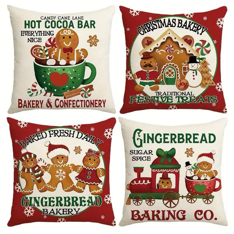 Gingerbread bakery Christmas pillow cover collection featuring hot cocoa, gingerbread bakery, baked fresh daily and gingerbread train designs.