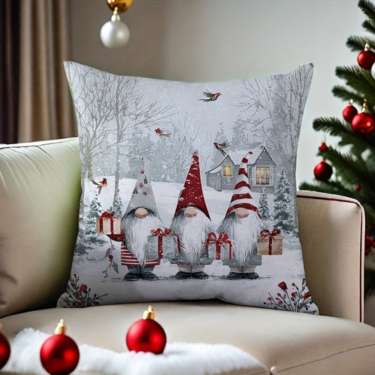 Christmas pillow cover with three gnomes, birds, and trees in a snowy winter scene