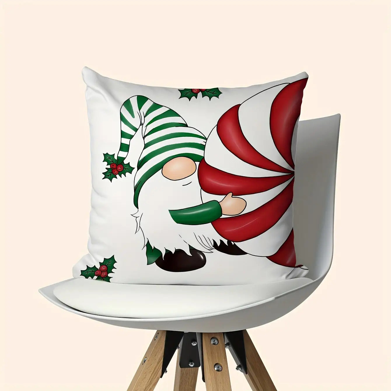 Pillow cover with a gnome holding a red and white striped candy