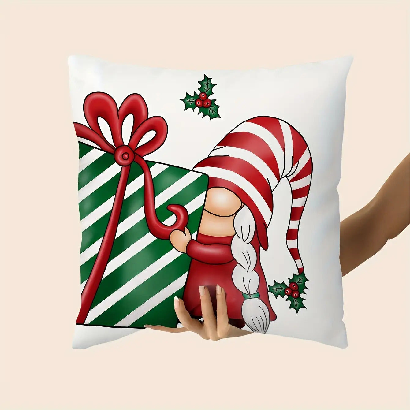 Pillow cover with a gnome holding a green striped gift with a red bow